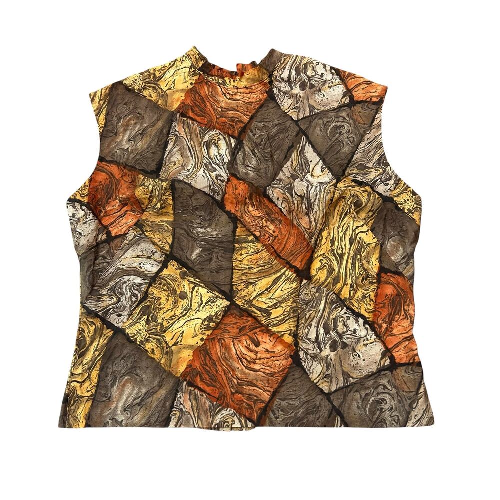Vintage 60s Marble Print Mod Blouse Earth Tone Sleeveless Mock Neck Medium -